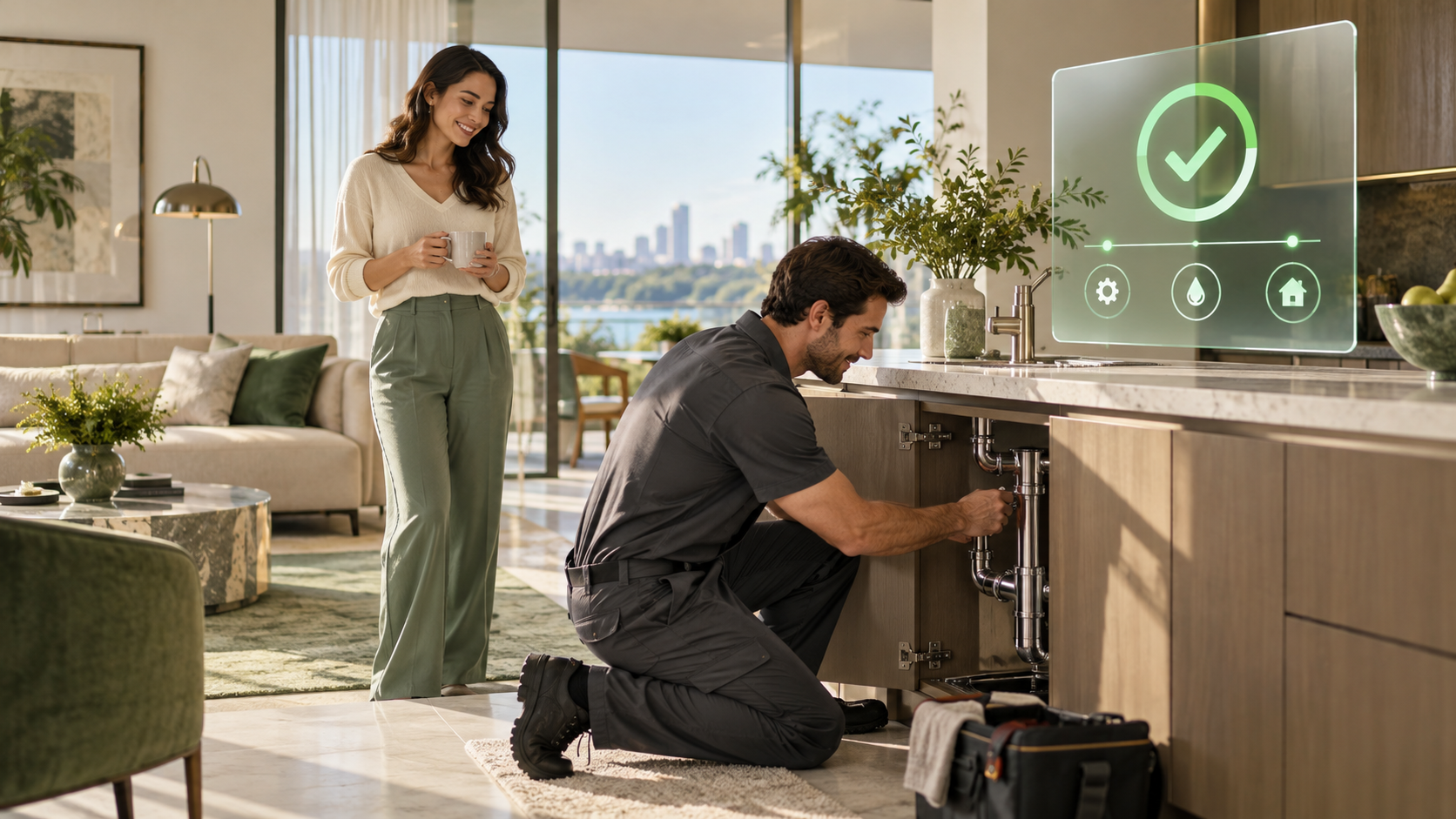 A relaxed traveler receives an Is property-service update