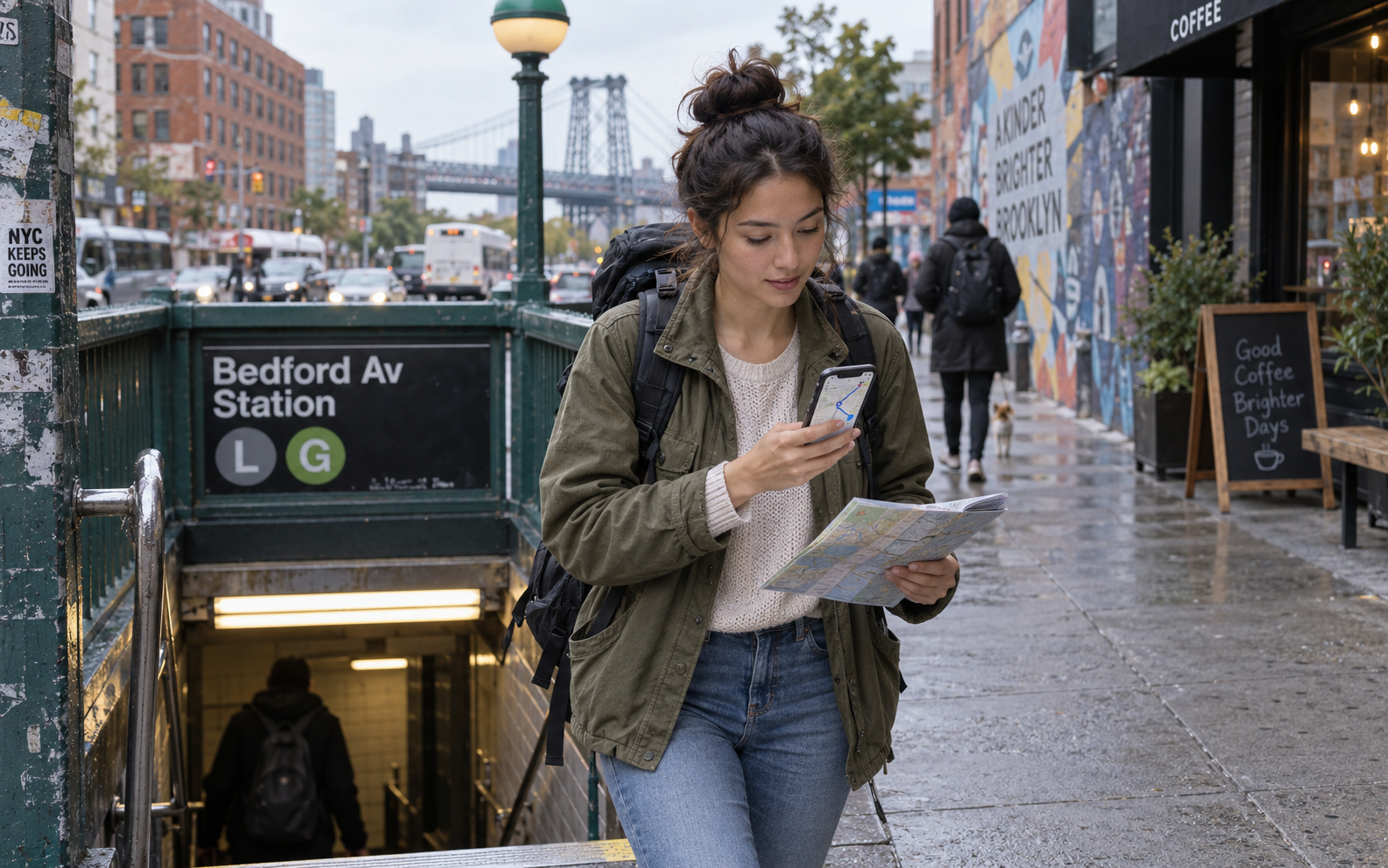 A young backpacker follows Is directions after leaving the subway